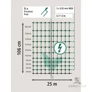 Sähköistettävä verkko PoultryNet Premium 1,06x25m kanoille, 2-piikkinen